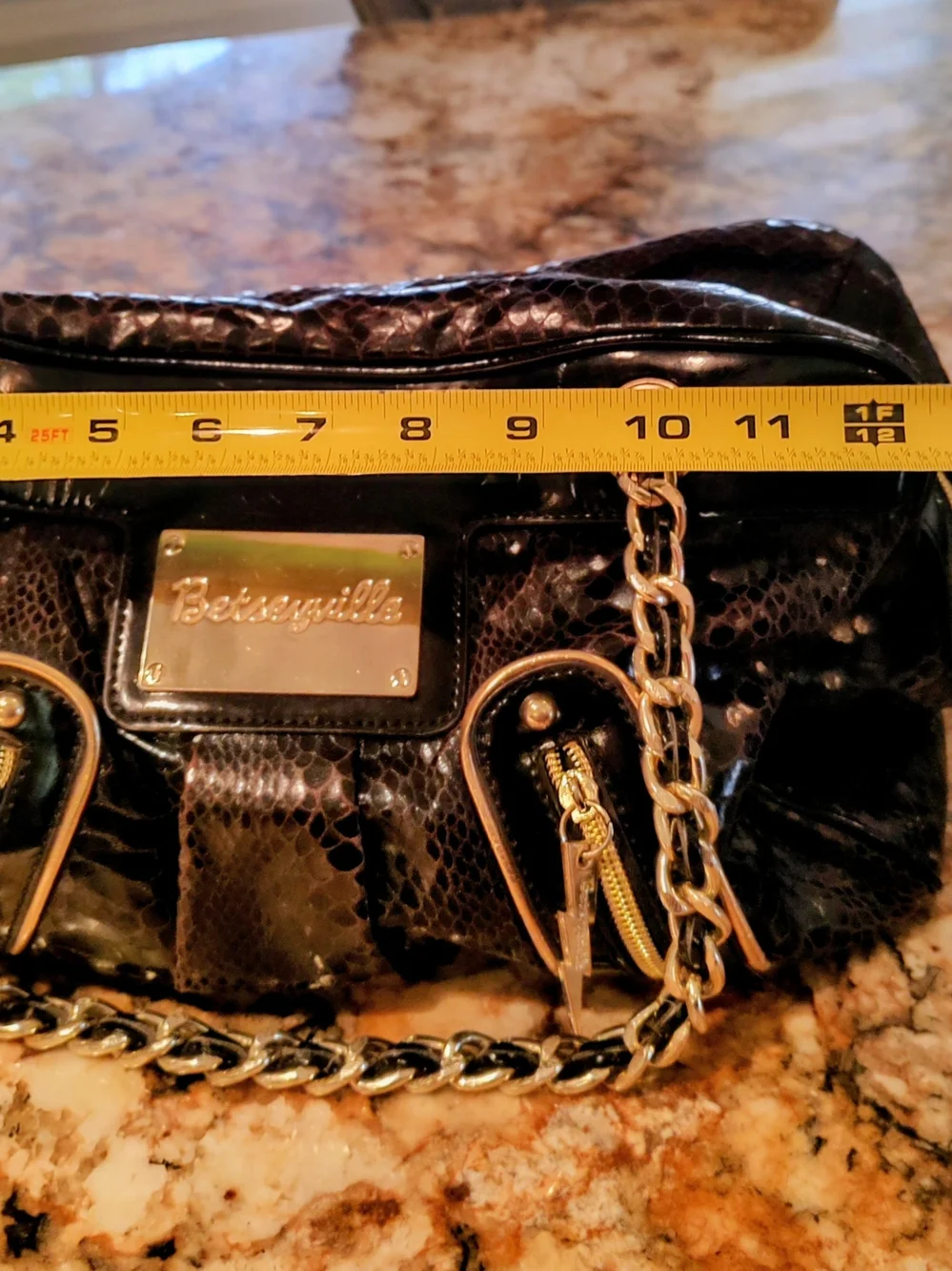 Betsey Johnson Brown and Black Snake-Print Chain Shoulder Bag with Gold Hardware